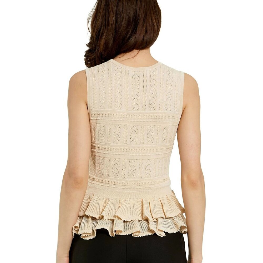 NWT Mac Duggal Sleeveless High Neck Knit Top With Ruffle Hem Oat Medium #A0181 - Picture 6 of 12
